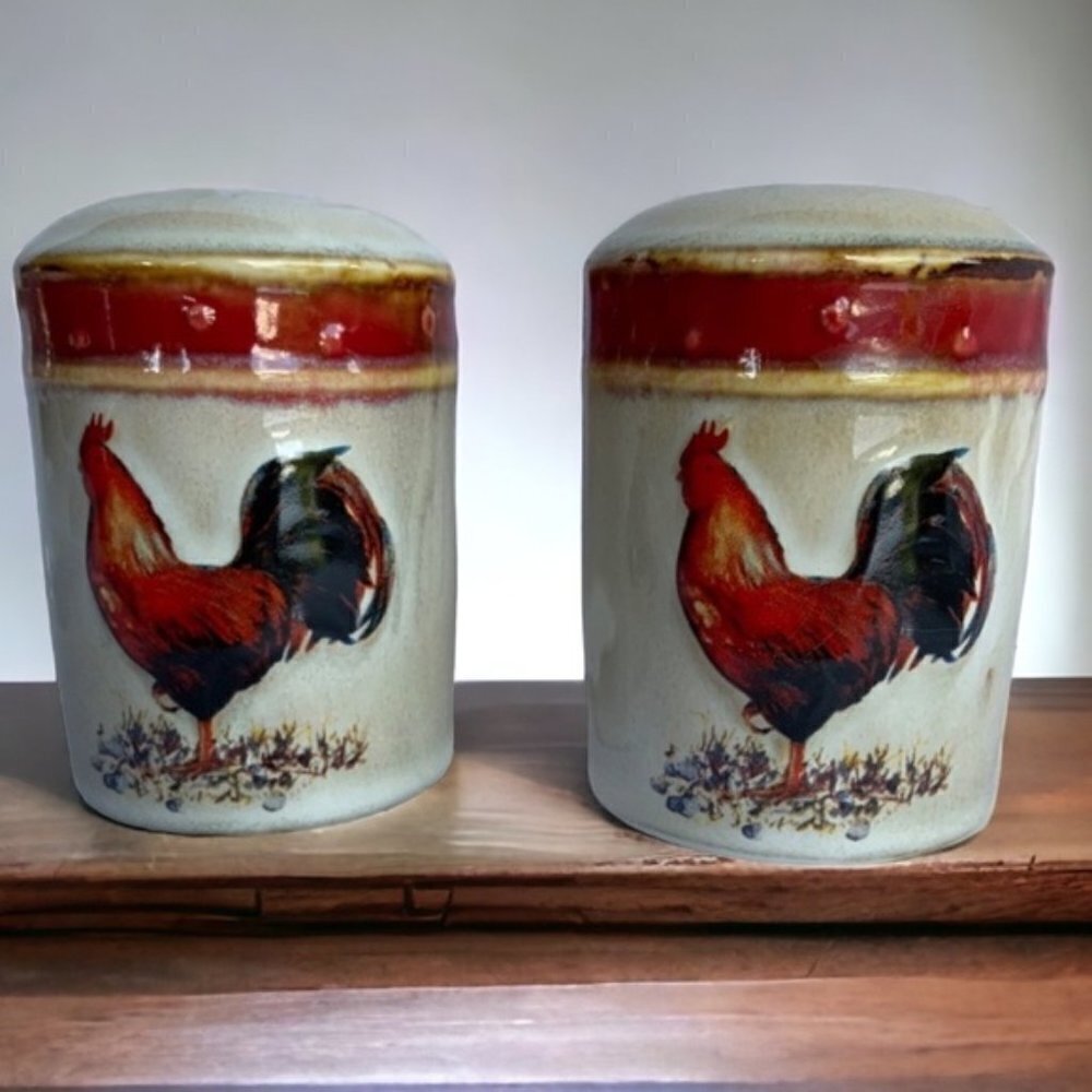 Farmhouse Rooster Salt Pepper Ceramic Shaker Set Hand Painted 2 PC